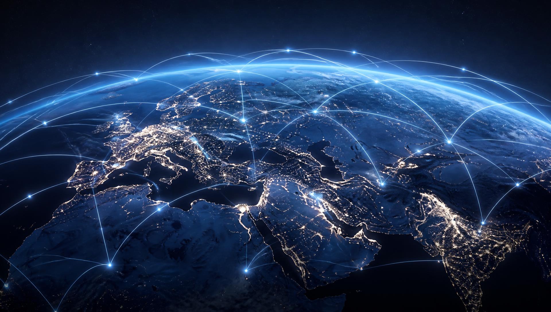 Global network routes linking illuminated continents