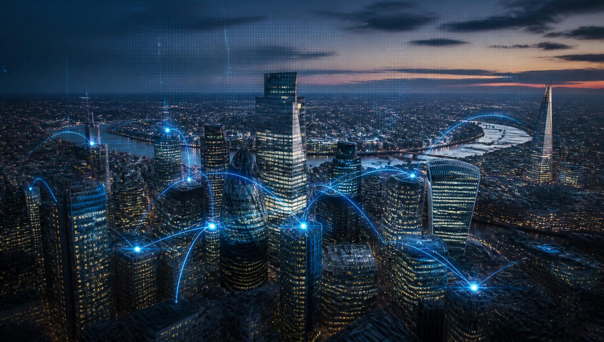 International business district at dusk connected by enterprise network routes